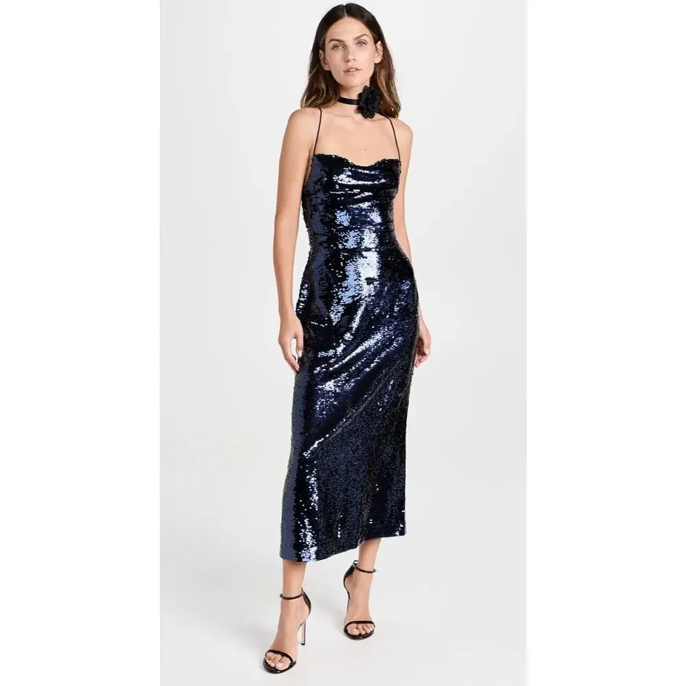 Sabina Musayev Navy Sapphire Open Lace Up Back Midi Lera Sequin Dress